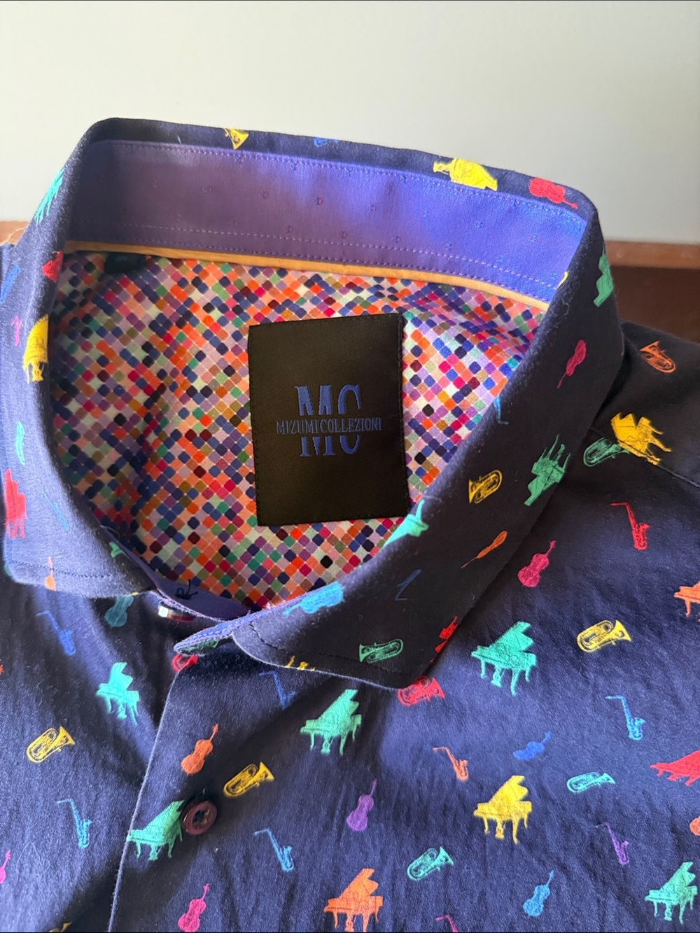 Navy Button-Down Shirt with Multicolor Musical Motif